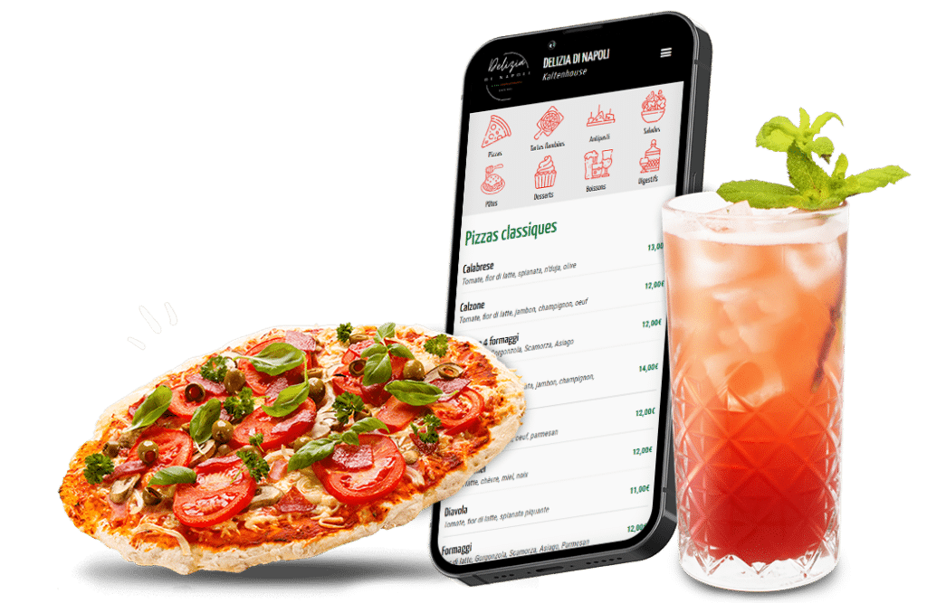 Carte de pizzeria digitale sur smartphone avec QR Code